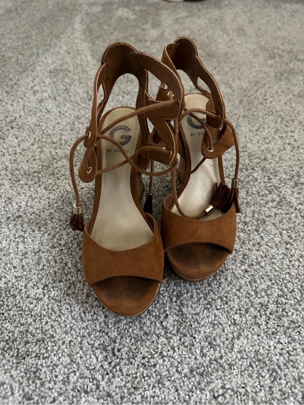 G by GUESS Tan Suede Lace-Up Block Heel Sandals